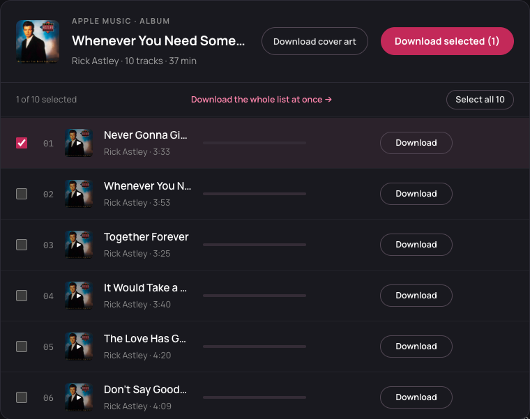 An Apple Music album opened in amtomp3 with track checkboxes and individual download buttons.